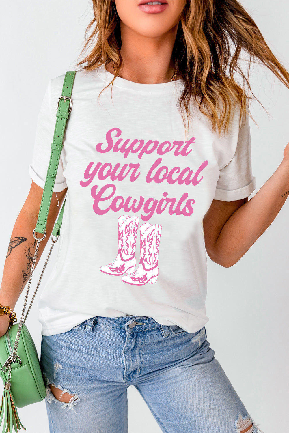 Support Your Local Cowgirls Boots Print Crewneck Tee | White