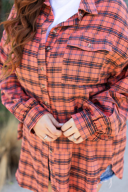 Plaid Long Sleeeve Side Split Distressed Hem Shirt | Red