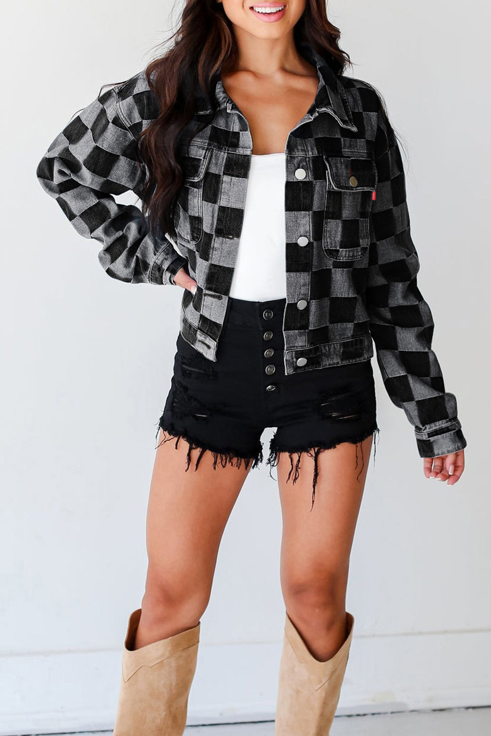 Checkered Patchwork Button Up Denim Jacket | Black