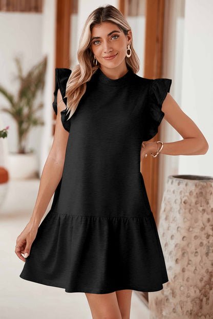 Flutter Sleeve Crew Neck Shift Dress | Black