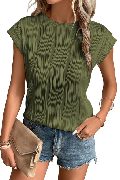 Wavy Texture Cap Sleeve Top | Jungle Green