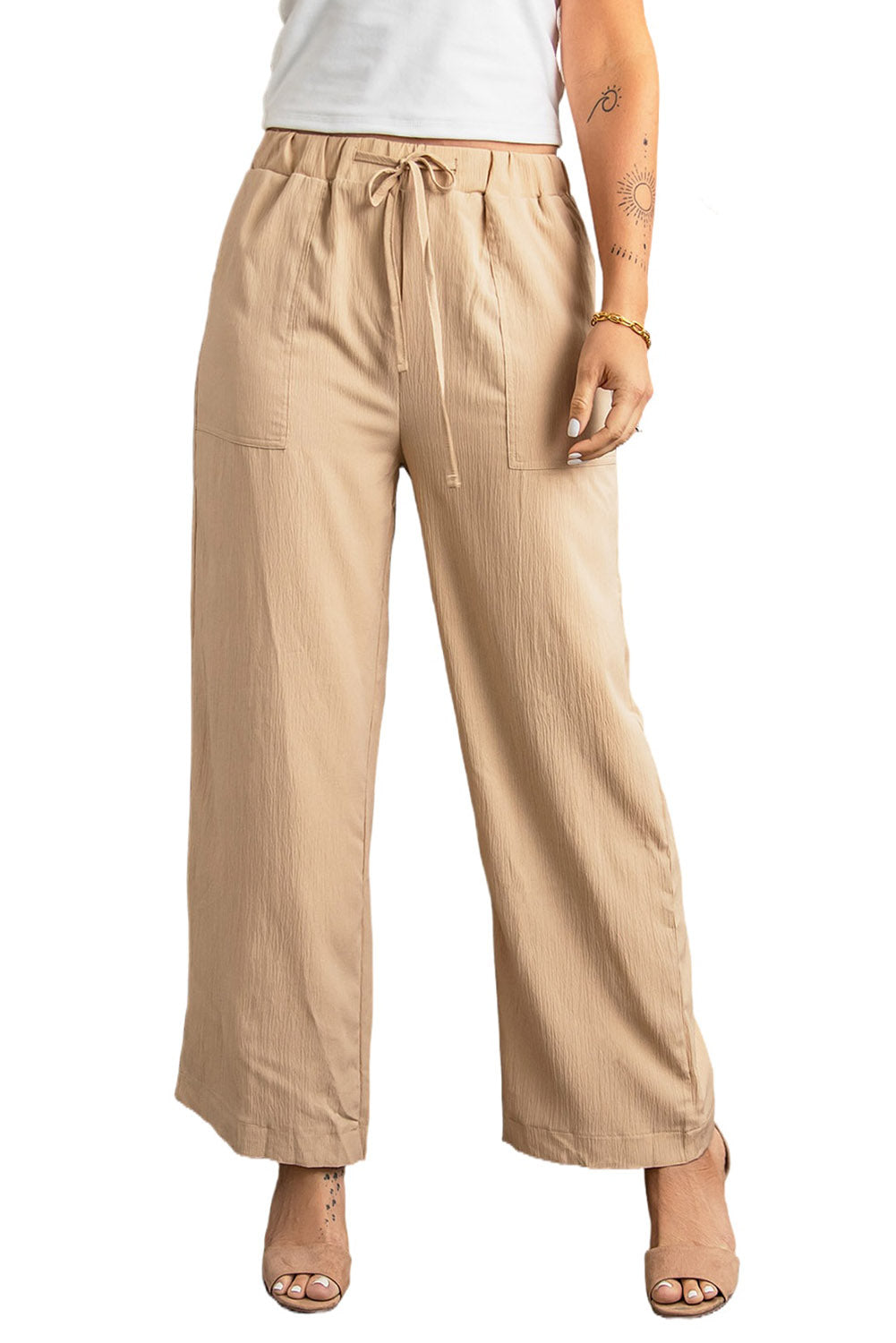 Drawstring Waist Crinkled Wide Leg Pants | Khaki