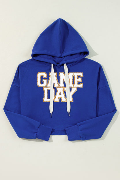 Glittering Game Day Patched Cropped Drawstring Hoodie | Dark Blue