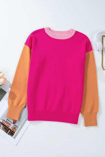 Three Tone Contrast Round Neck Loose Sweater | Bonbon