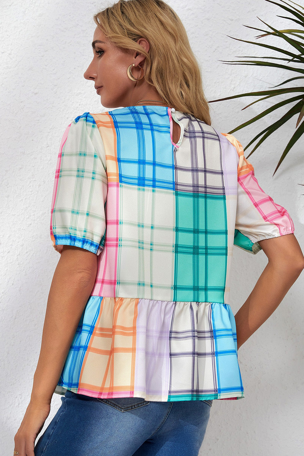 Bold Plaid Colour Block Puff Sleeve Peplum Top | Multicolour