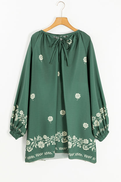 Tie Neck Boho Floral Pattern Puff Sleeve Shift Dress | Mist Green