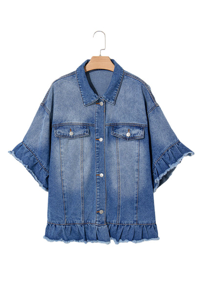 Ruffled Frayed Short Sleeve Plus Size Denim Jacket | Peacock Blue