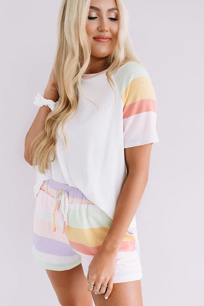 Rainbow Striped T Shirt And Shorts Set | White