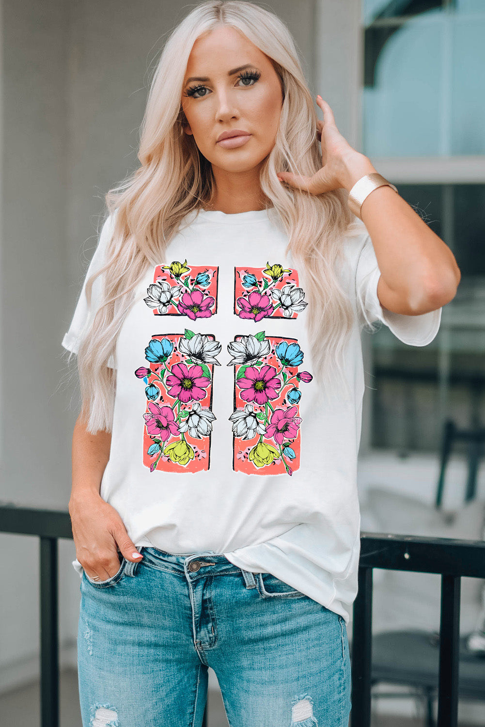 Floral Crossed Graphic Easter Round Neck T Shirt | White