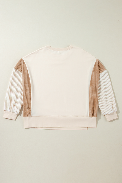 Corduroy Patchwork Drop Shoulder Long Sleeve Sweatshirt | Apricot