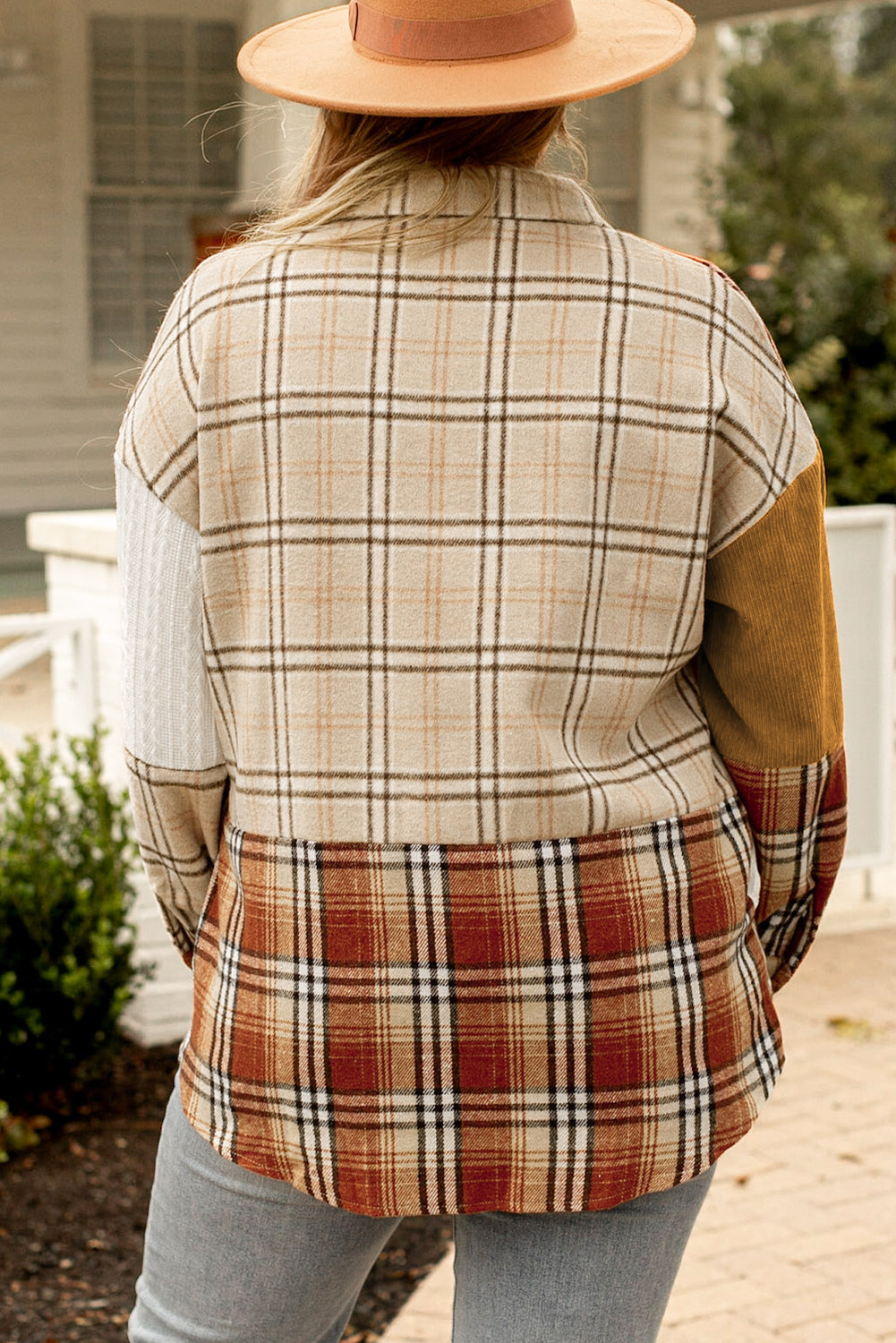 Golden Apricot Plus Size Plaid Patchwork Button Up Shacket | Gold Brick