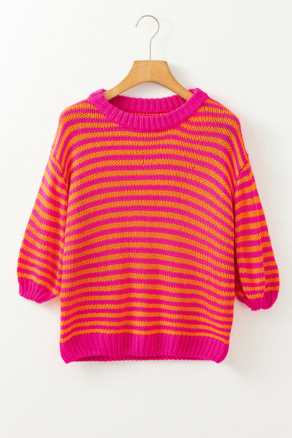 3/4 Puff Sleeve Drop Shoulder Sweater | Rose Stripe