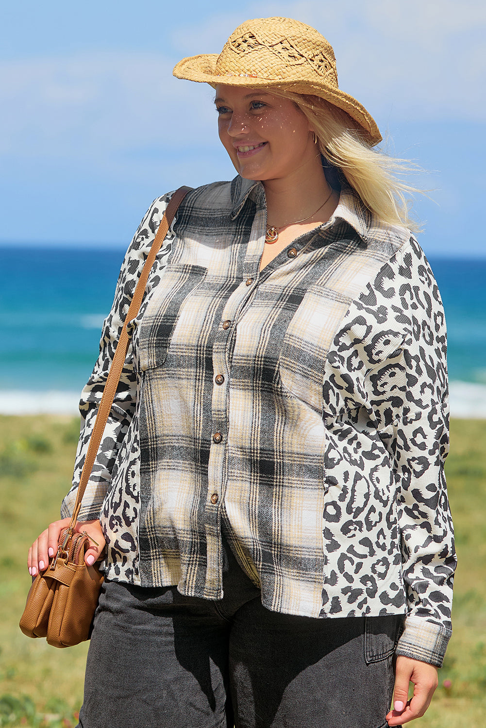 Plus Size Plaid Leopard Printed Patchwork Button Up Shacket | Black