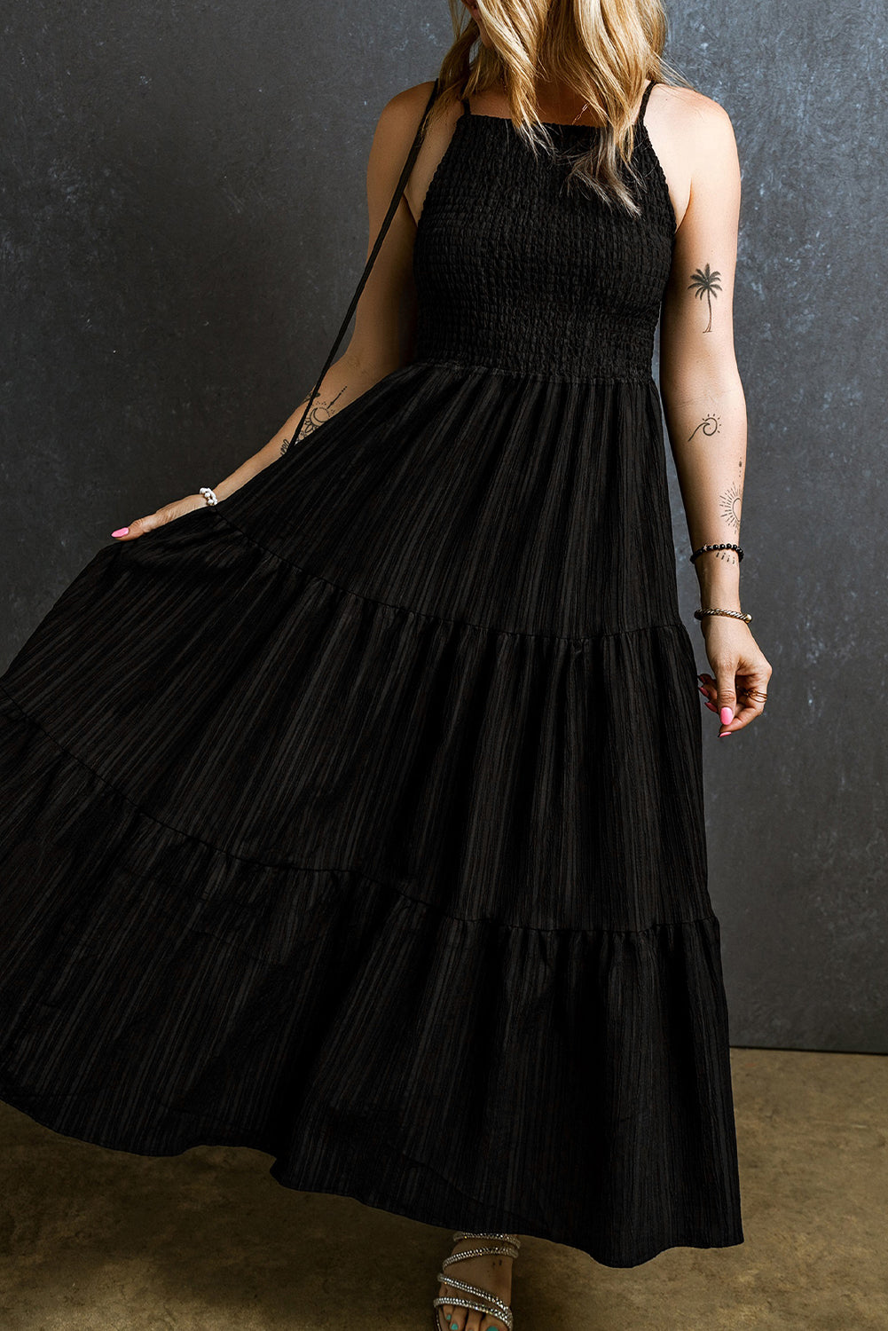 Spaghetti Straps Smocked Pleated Tiered Maxi Dress | Black