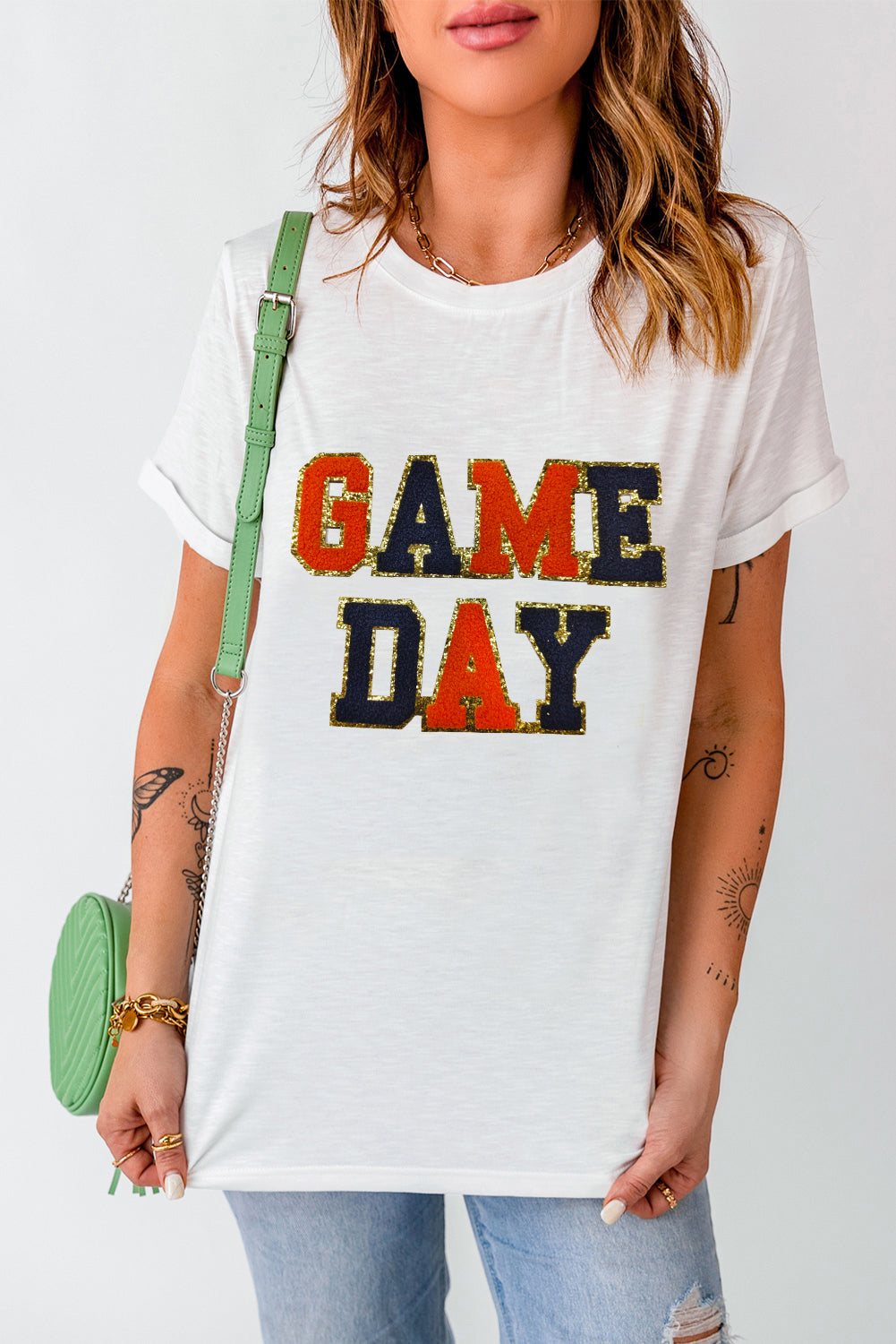 Glitter Game Day Rugby Football Season Round Neck T Shirt | White