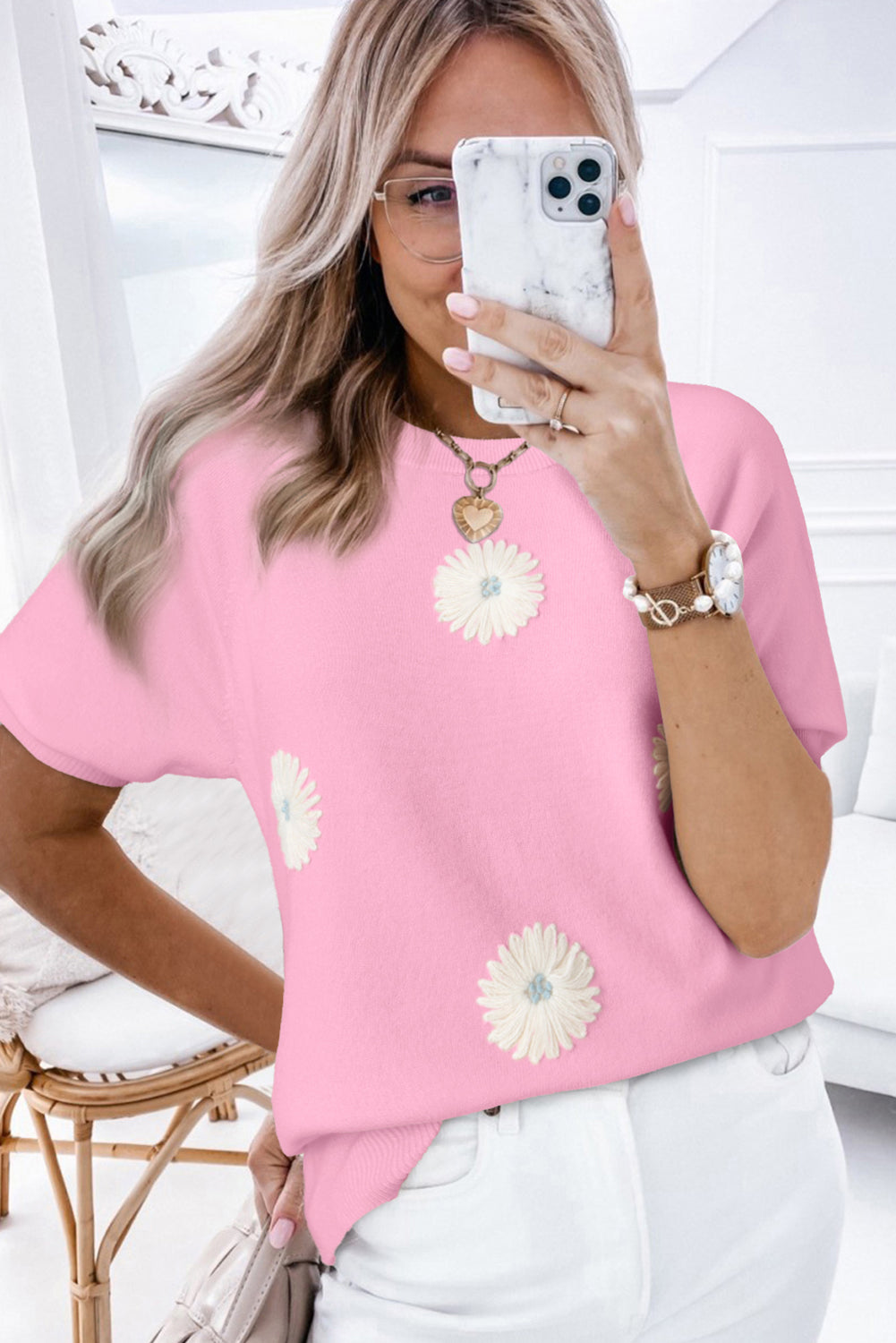 Flower Pattern Short Sleeve Knitted Top | Pink