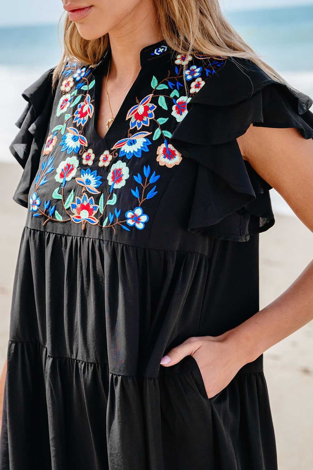 Floral Embroidered Tiered Ruffled Mini Dress | Black