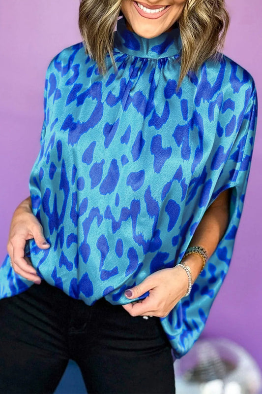 Blue Animal Printed Mock Neck Detail Caftan Top