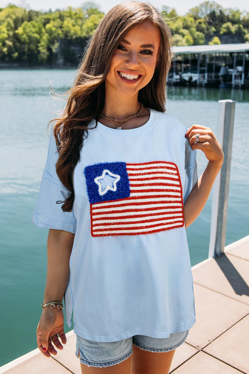 Tinsel American Flag Graphic Drop Shoulder T-Shirt | Beau Blue