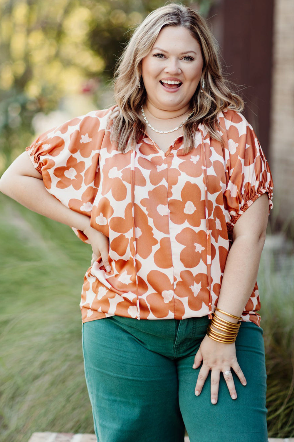 Plus Size Floral Print Drawstring V Neck Short Sleeve Blouse | Orange