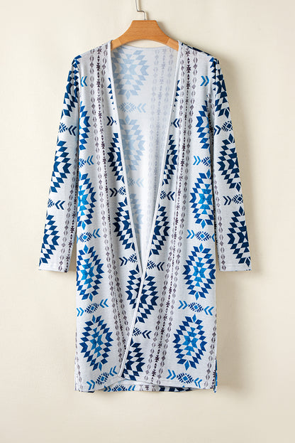 Western Aztec Printed Open Front Long Cardigan | Sky Blue