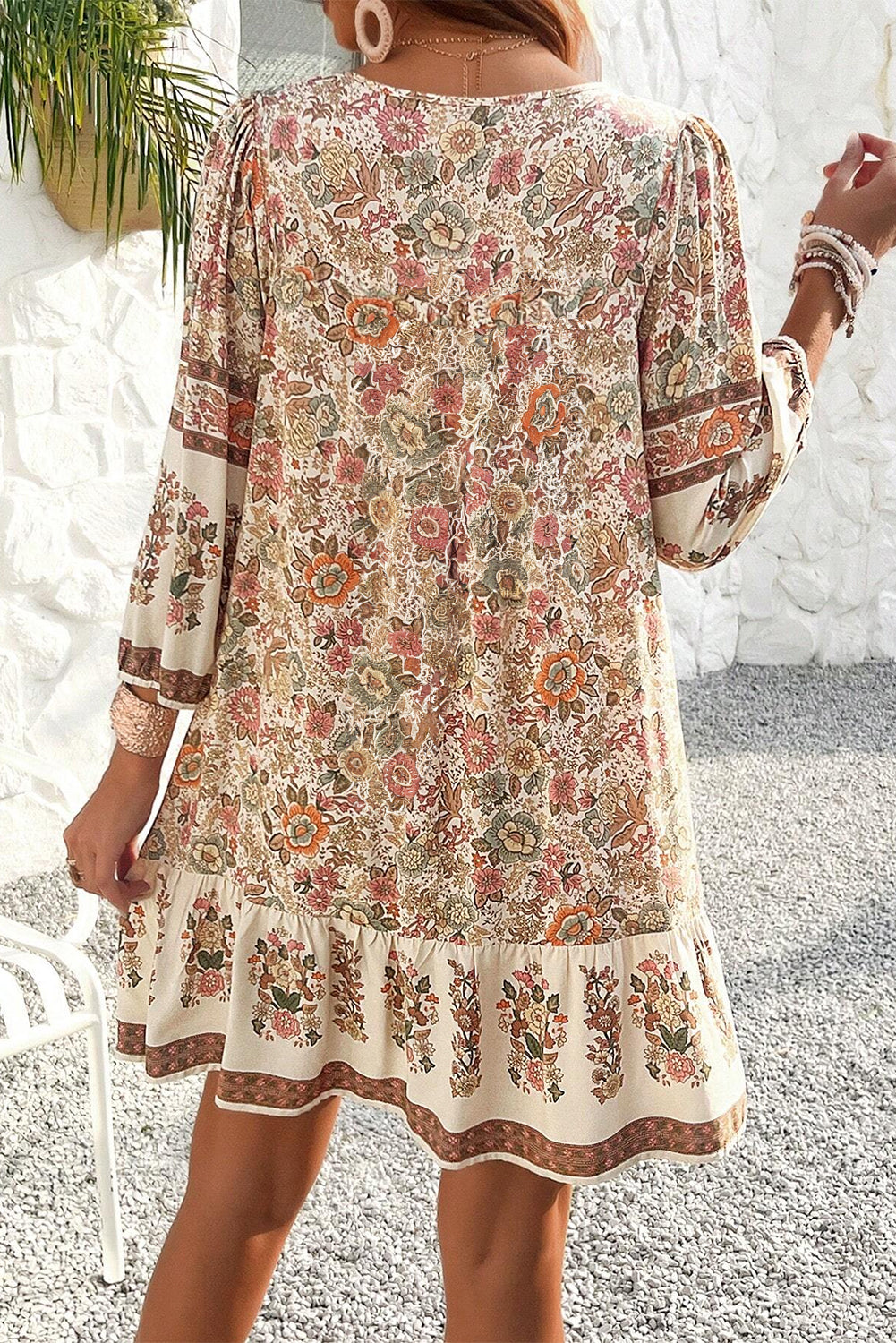 Floral Print Tassel Drawstring V Neck Loose Mini Dress | Apricot