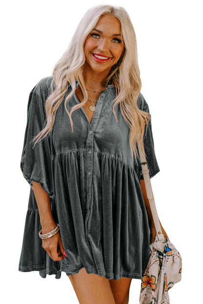 3/4 Sleeve Tunic Babydoll Velvet Shirt | Dark Grey