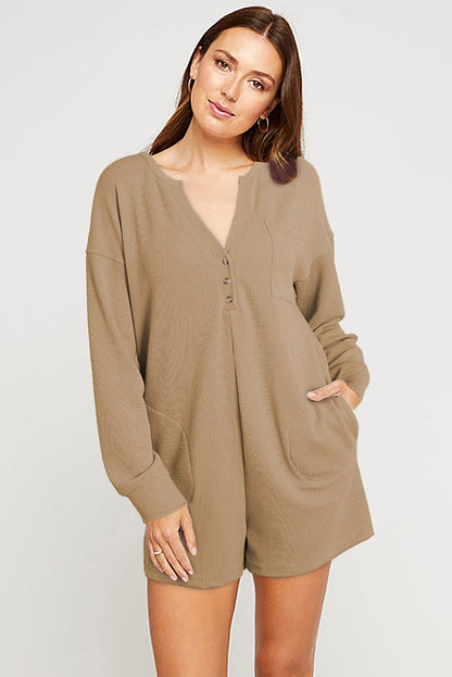 Brushed Ribbed Button Split V Neck Long Sleeve Romper | Khaki