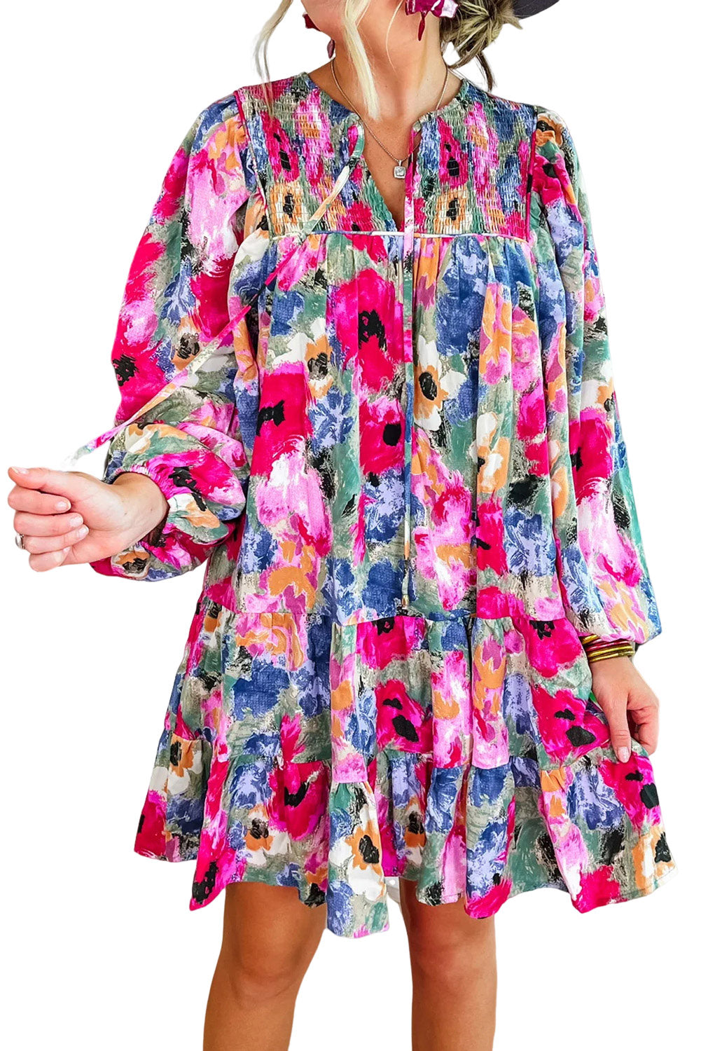 Floral Tie Neck Bubble Sleeve Shift Dress | Multicolour