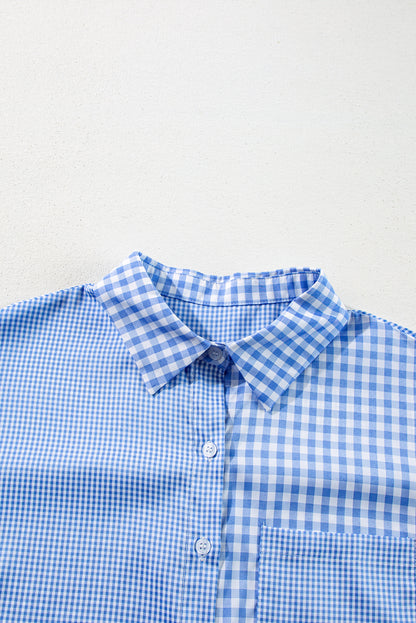 Plaid Patchwork Button Up Long Sleeve Shirt | Sky Blue Stripe