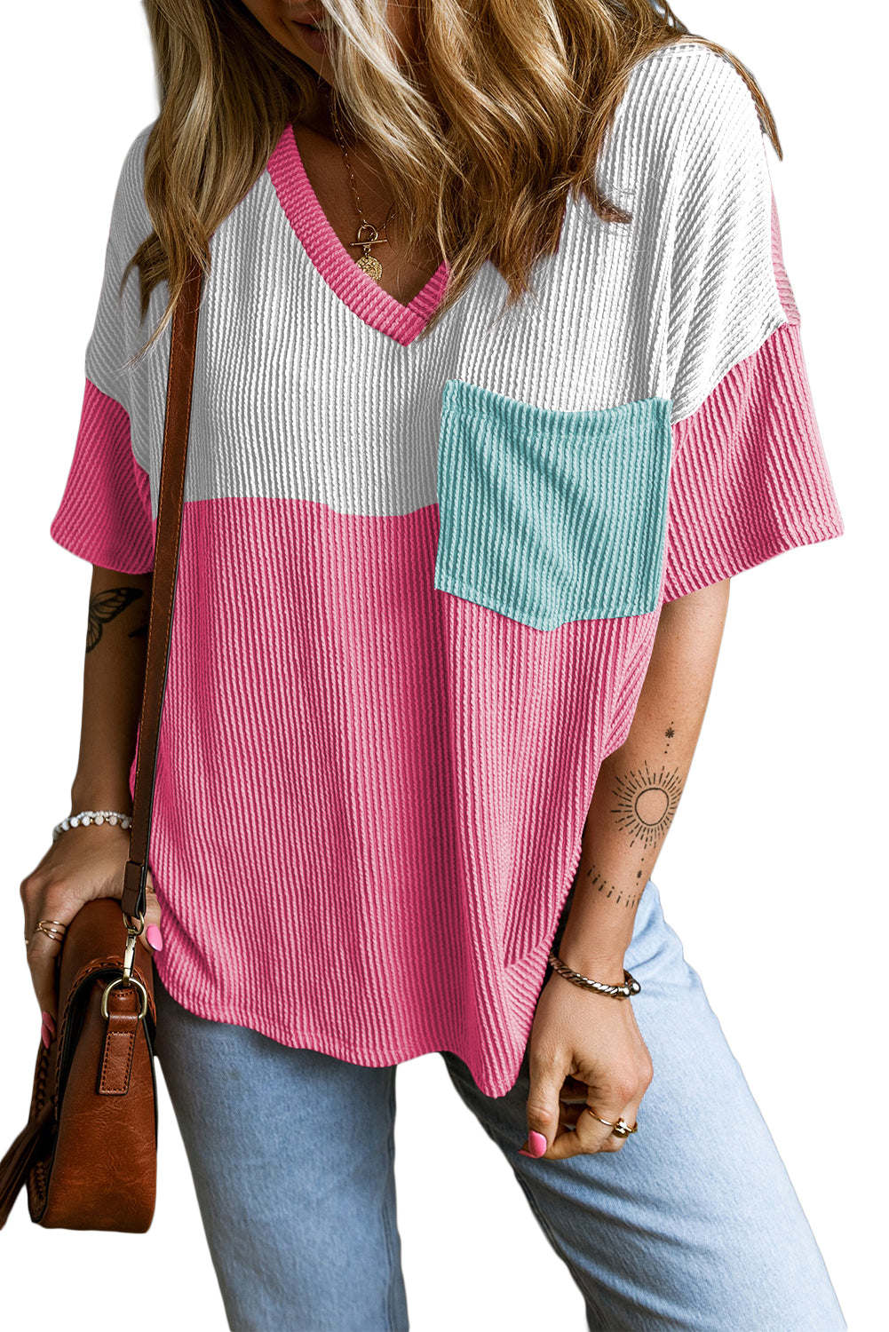 Colour Block Patch Pocket Corded V Neck Tee | Rose Red