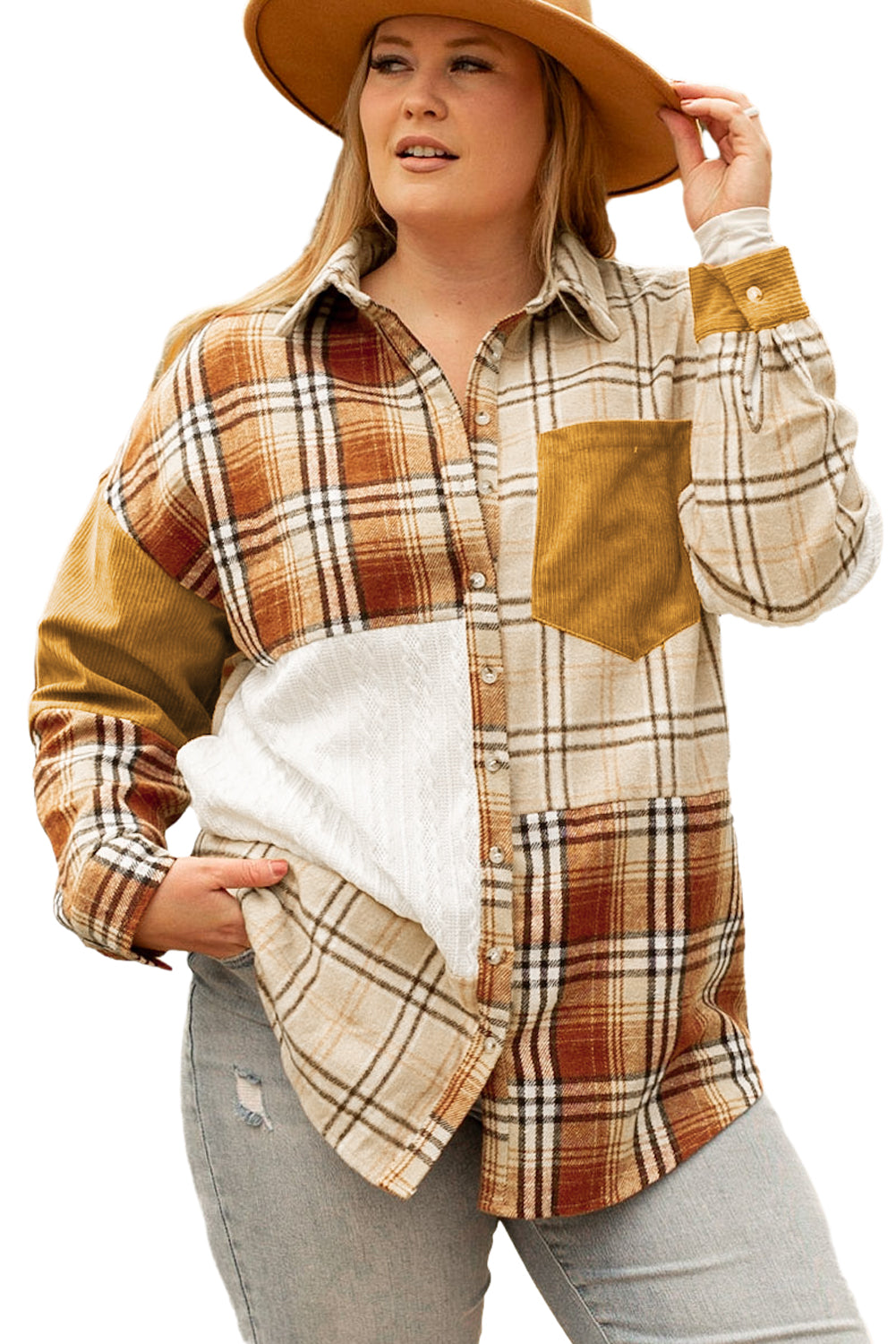 Golden Apricot Plus Size Plaid Patchwork Button Up Shacket | Gold Brick