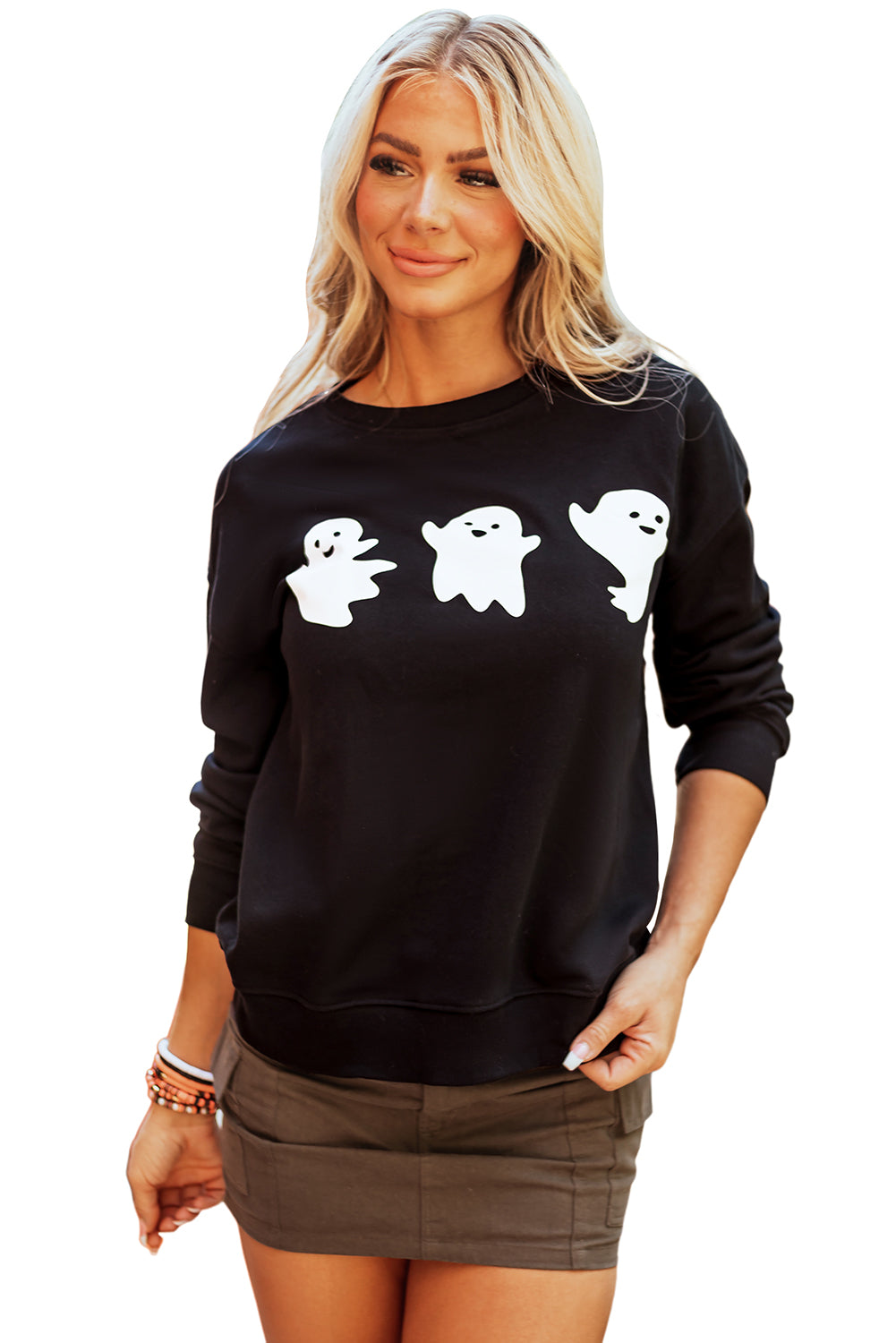 Halloween Ghosts Print Round Neck Sweatshirt | Black