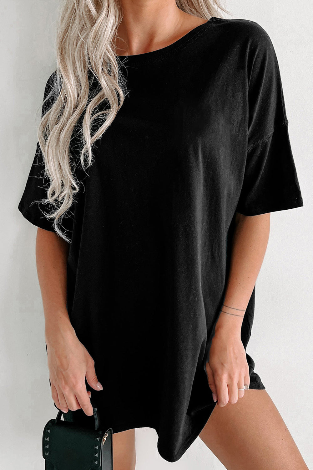 Solid Colour Round Neck Basic Tunic T Shirt | Black