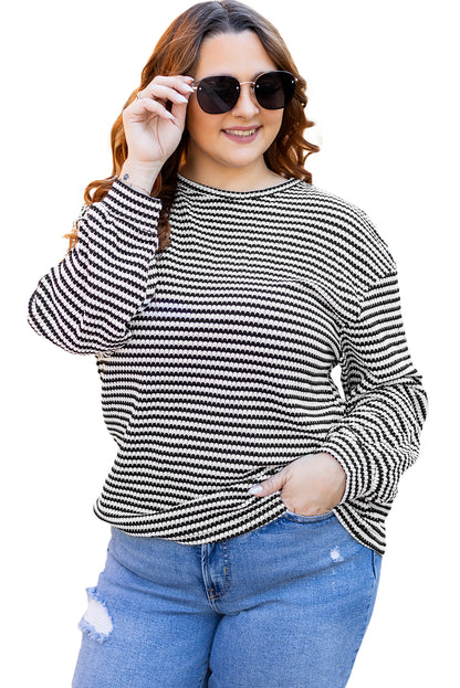 Drop Shoulder Puff Long Sleeve O Neck Plus Size T Shirt | Black Stripe