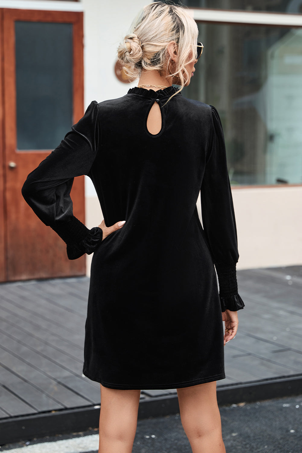 Velvet Frill Neck Long Sleeve Shift Dress | Black