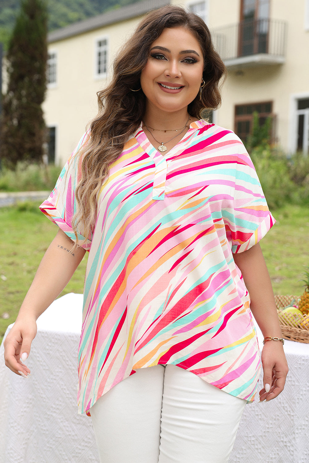 Abstract Print Short Sleeve Notched Neck Plus Size Top | White