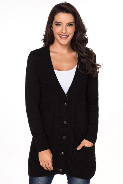 Front Pocket And Buttons Closure Cardigan | Black