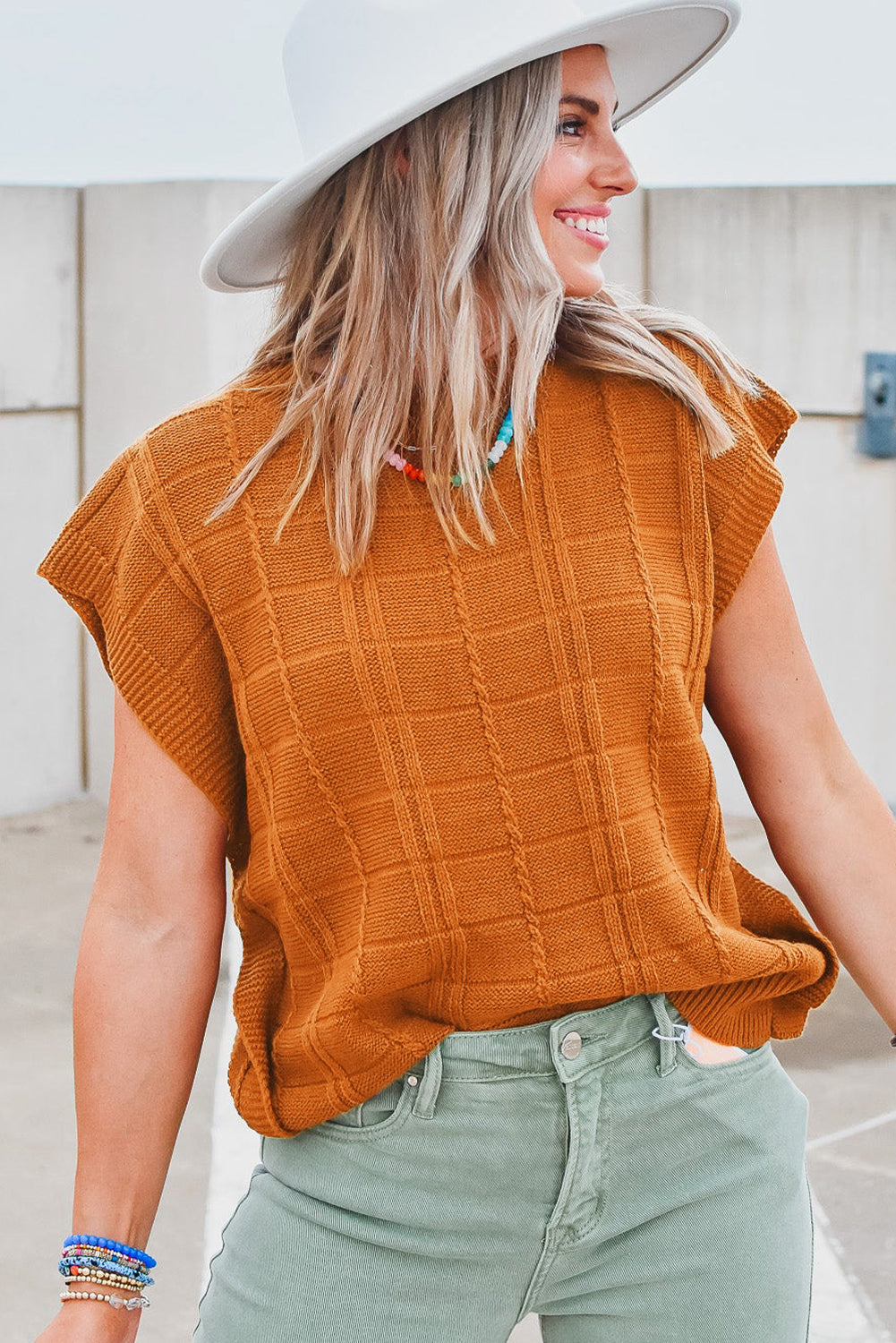 Grid Textured Short Sleeve Sweater | Chestnut