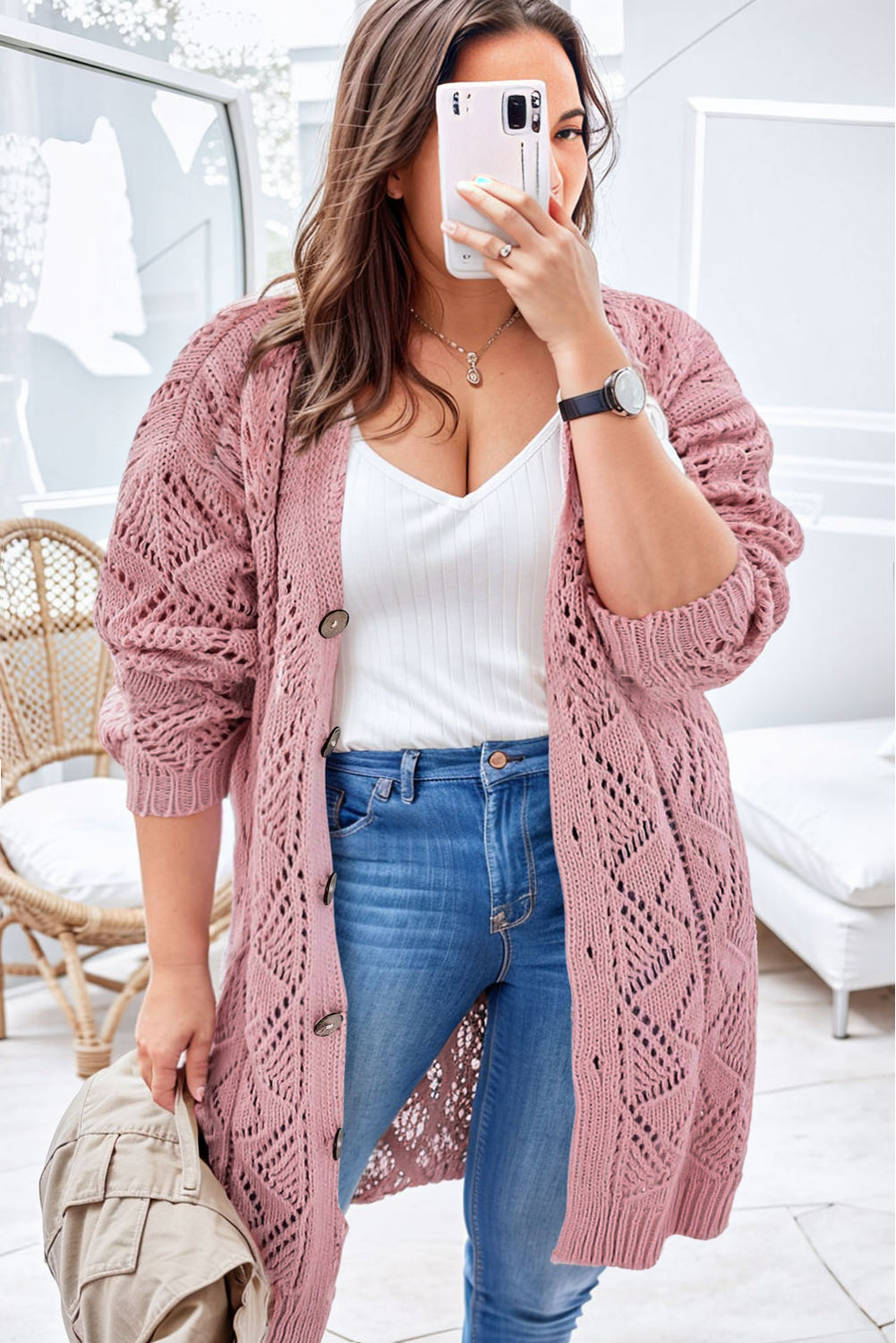 Open Knit Button-Up Plus Size Cardigan | Pink