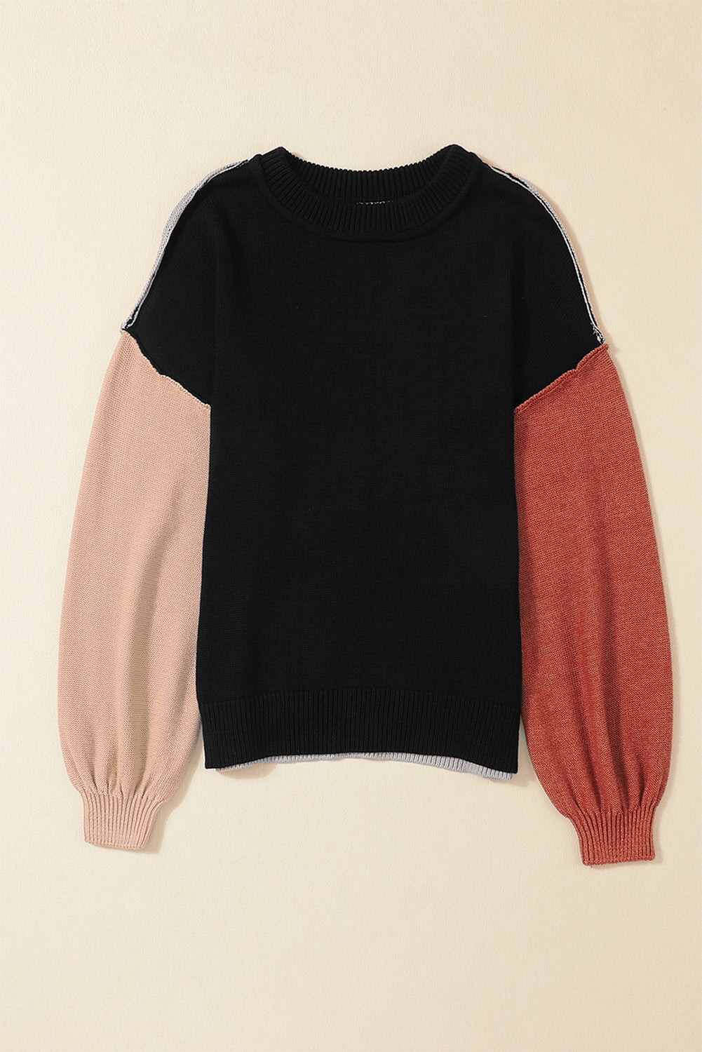 Colourblock Bishop Sleeve Ribbed Trim Sweater | Black