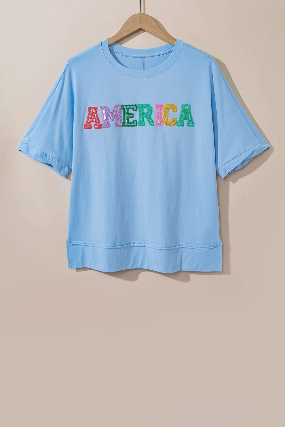 Sparkle America Pastel Embroidered Graphic T-Shirt | Mist Blue