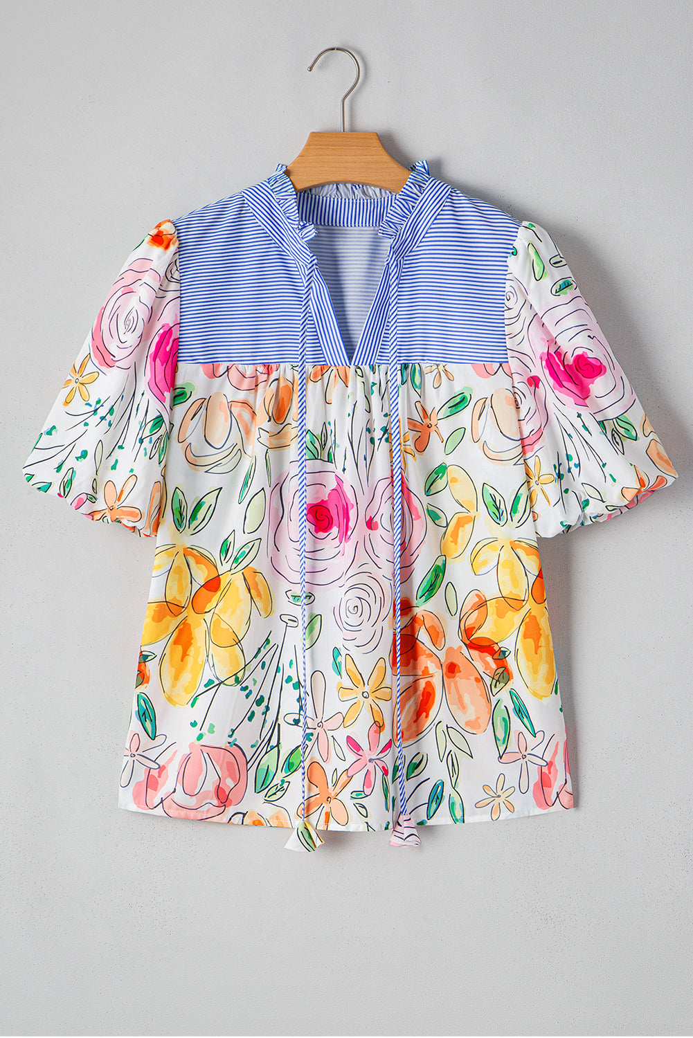 Floral Print Striped Yoke Frilled V Neck Puff Short Sleeve Blouse | Multicolour