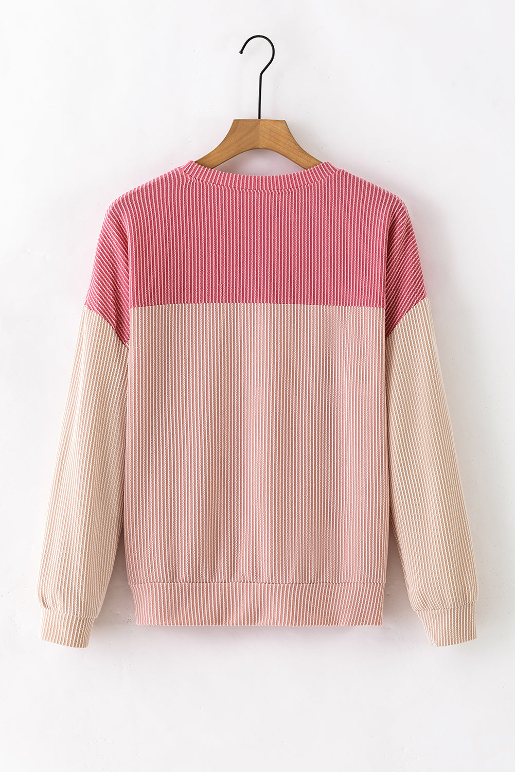 Colour Block Long Sleeve Ribbed Loose Top | Pink