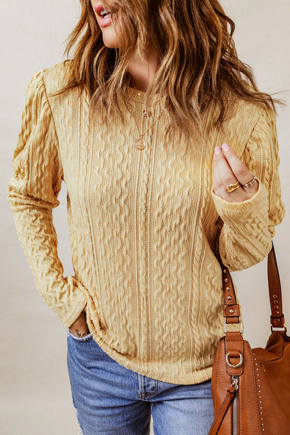 Solid Colour Puffy Sleeve Textured Knit Top | Khaki