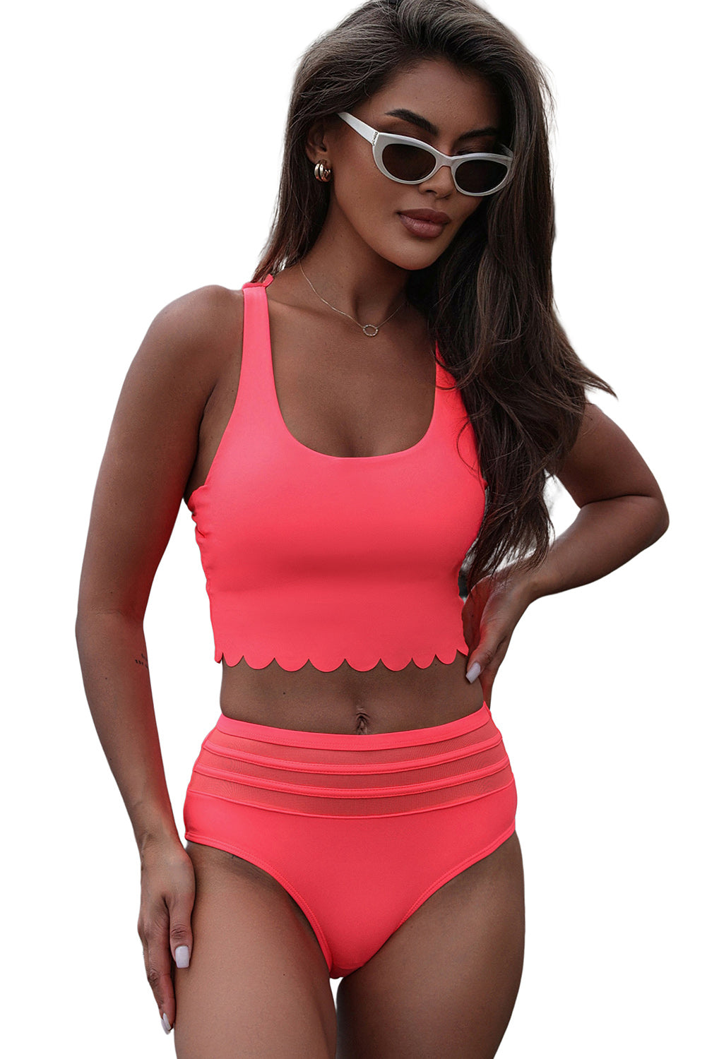 Scalloped Criss Cross High Waist Bikini | Pink