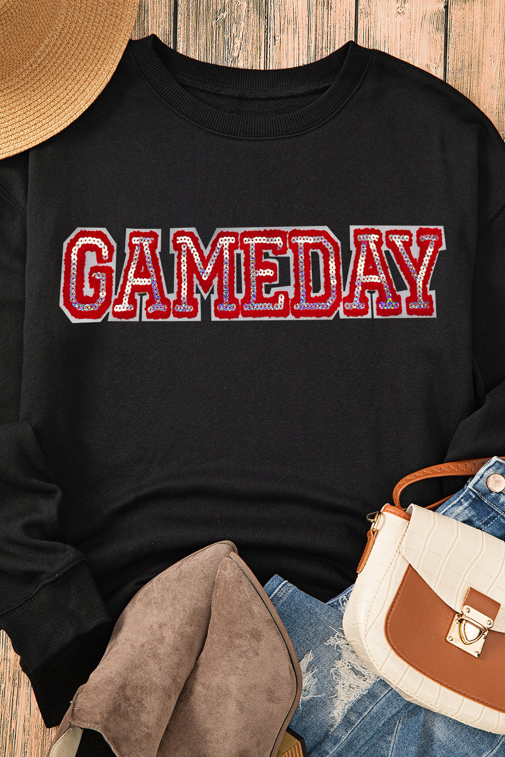 Sequined Game Day Rugby Football Season Sweatshirt | Black