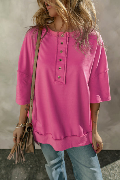 Exposed Seam Button Neck Wide Sleeve Tunic Top | Rose Red