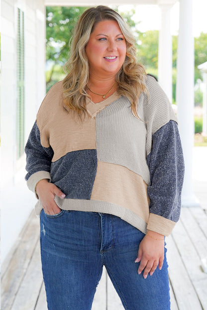 Plus Size Textured Colourblock Patchwork V Neck Top | Ashleigh Blue