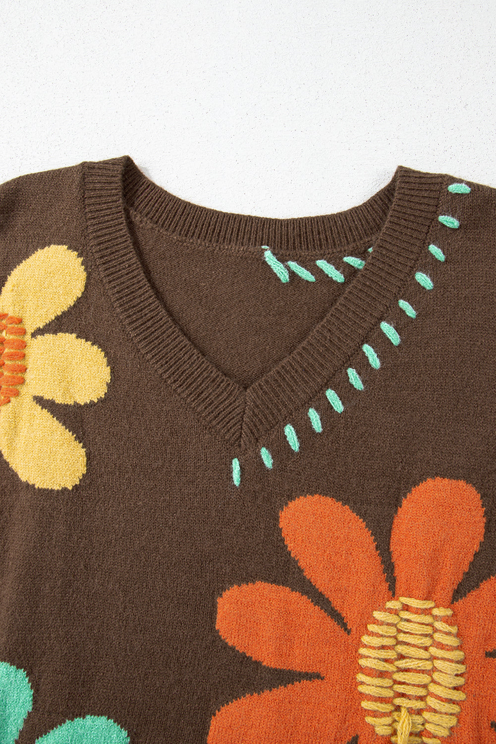 Big Flower Pattern V Neck Drop Shoulder Sweater | Coffee